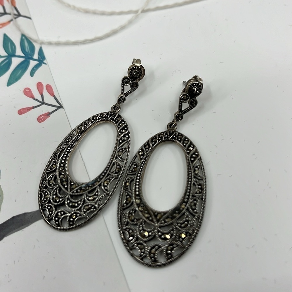 Vintage Suspicion 925 Sterling Silver Marcasite Filigree Drop Earrings - Picture 8 of 11